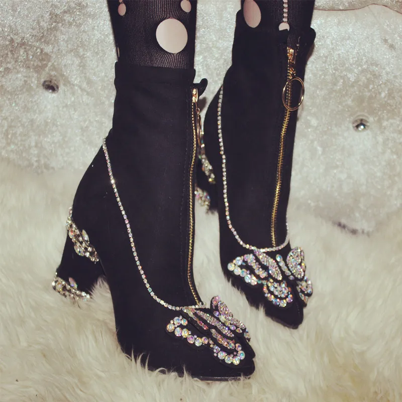 

Glitter Multi Rhinestone Butterfly Suede Boots Front Zipper Stretch Booties Woman Gemstone Bowtie Chunky Heels Boots
