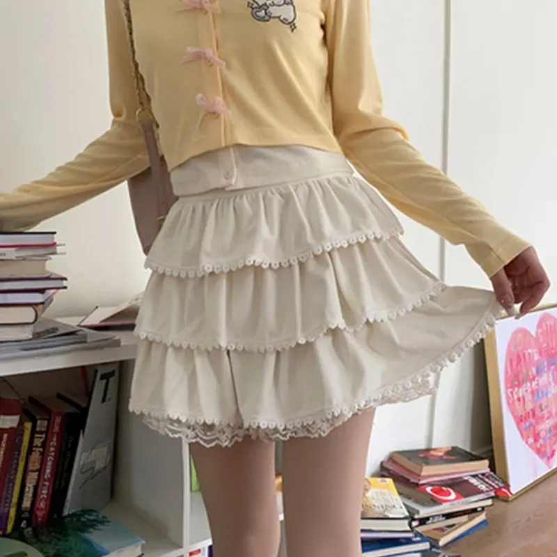 

White Lace Pleated Skirt Women Japanese Kawaii Clothing Lace Cake Mini Skirts Even Party Clothing 2024 Summer Beach Style L377