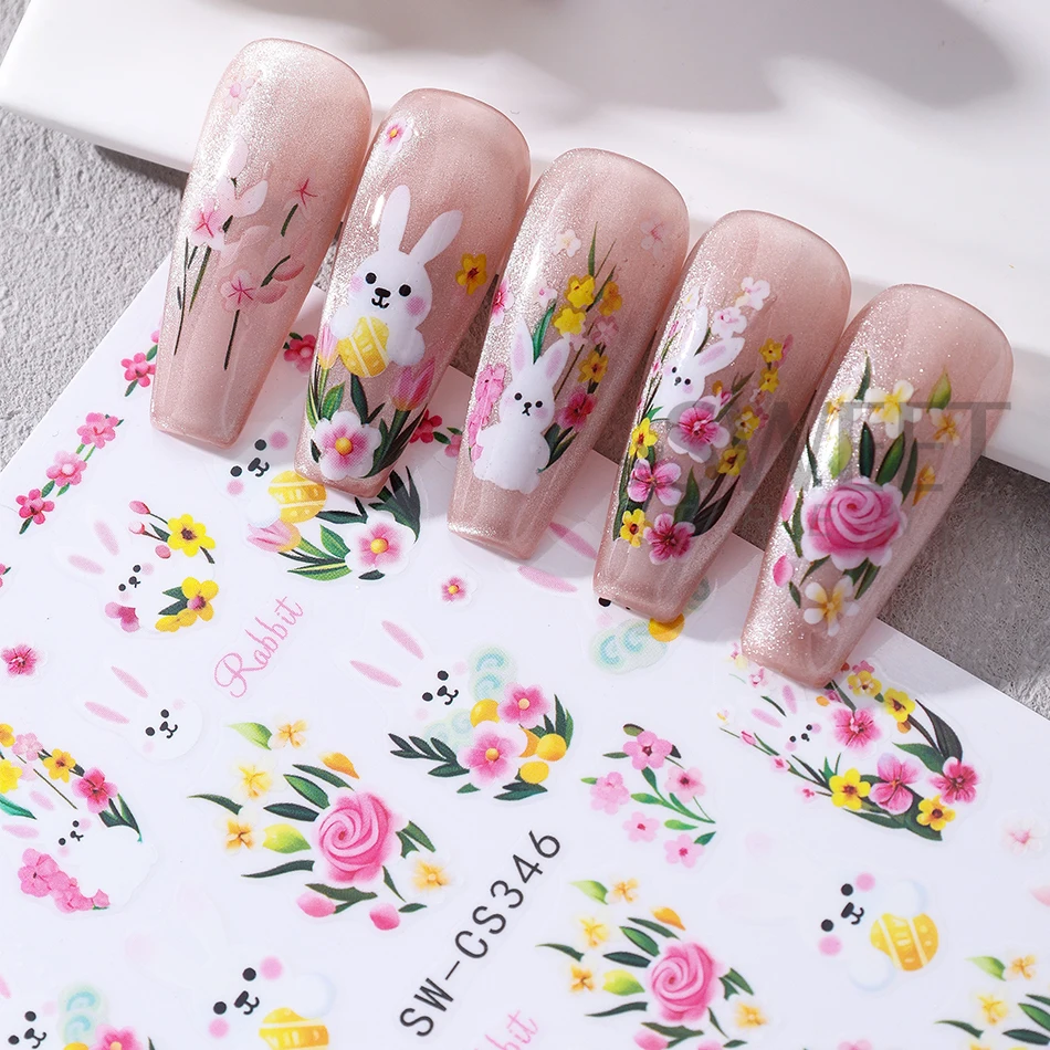 2pcs 귀여운 부활절 토끼 네일 스티커 황금 토끼 귀 꽃 꽃잎 디자인 접착 데칼 봄 여름 매니큐어 장식