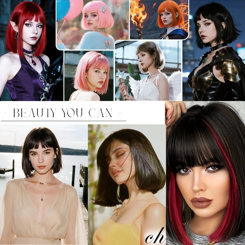 Short Pink Bangs Straight Hair Ladies' Bob Wig Colorful Synthetic Wig Super Soft and Easy to Wear Suitable for Halloween Cosplay
