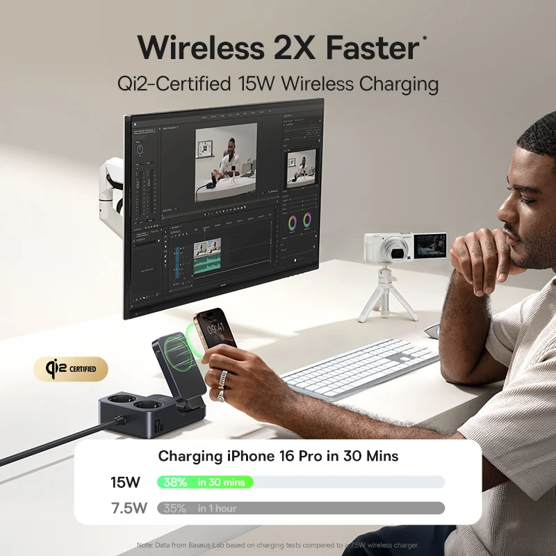 Baseus 6-in-1 Power Strip 67W Fast Charger with Qi2 Wireless Charger 2AC Socket USB C for iPhone Laptop Tablet Charging Station