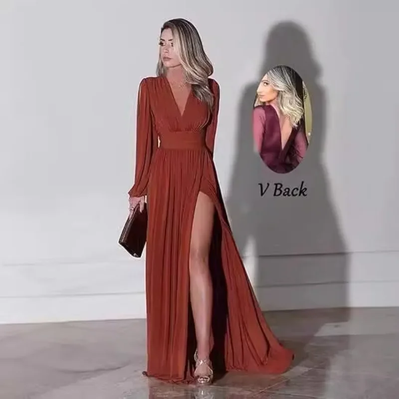 Burnt Orange Chiffon Vneck Lantern Sleeves Vestido De Boda Para Fiestas Backless Evening Gown Sexy High Slit Pleated Party Robe
