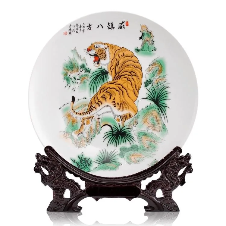 

TOP GOOD business present -handicraft tiger Vintage CHINESE porcelain home OFFICE Decor art plate Decoration