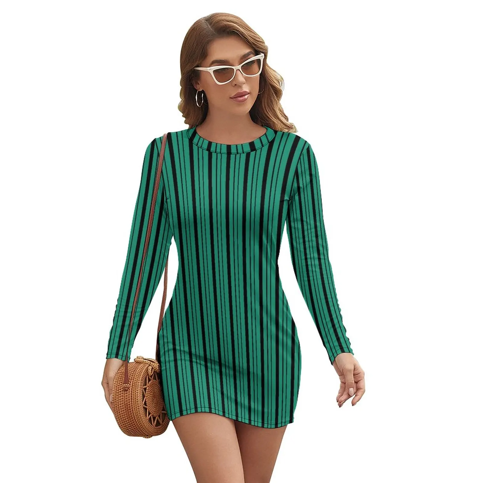 

Striped Print Bodycon Dress Ladies Green And Black Kawaii Dresses Summer Long Sleeve Street Fashion Custom Dress Large Size