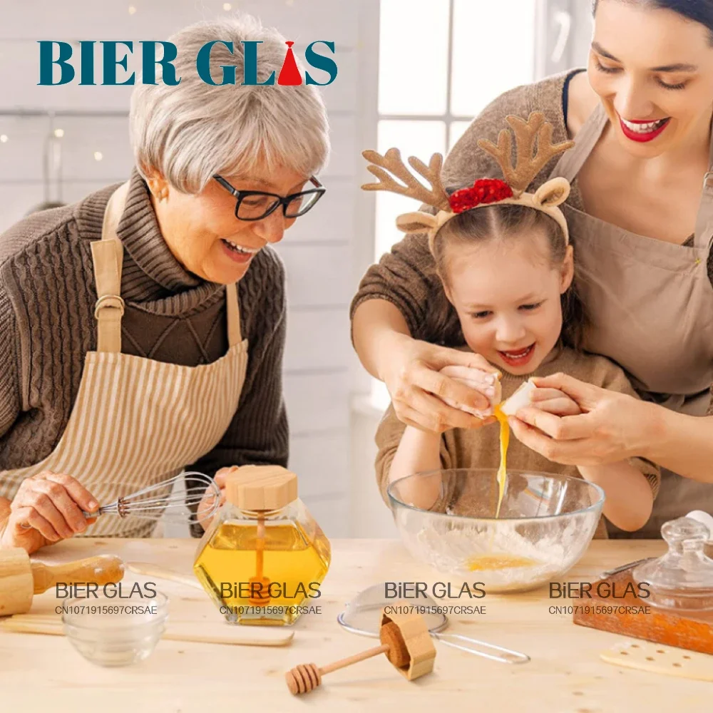 5 - 10pcs Hexagonal Glass Honey Bottle with Dipper Wooden Stirring Sticks Packaging Jars Dispenser Food Storage Container Gift 6