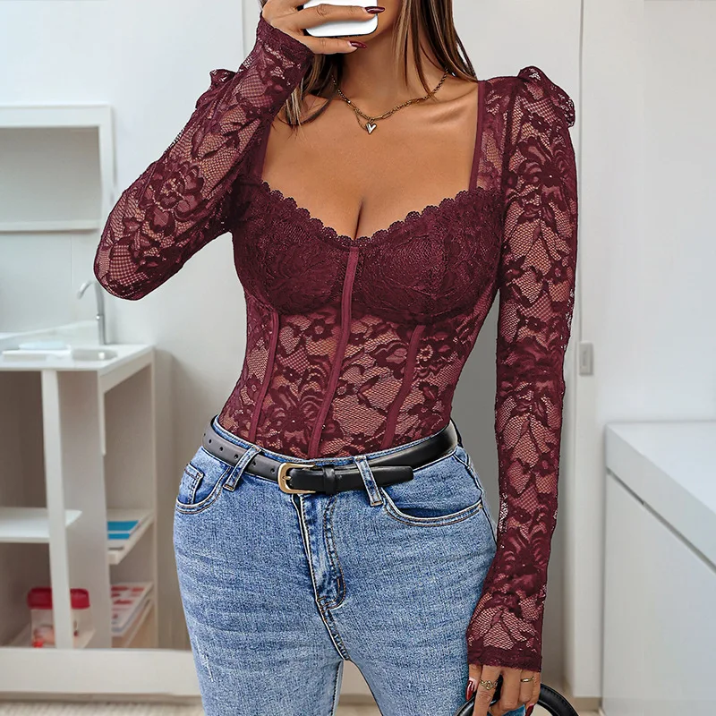 Bodysuit Women 2026 New Spring and Autumn Solid Color Sexy Perspective Lace Splicing Square Neck Long Sleeve Black Bodysuit