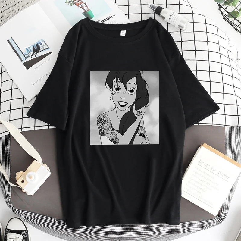 Alice In Wonderland T Shirt Women Cotton Tops Black Alice Snow White Princess Print Casual Short Sleeve 90s Fashion T-shirt t shirt palm angels