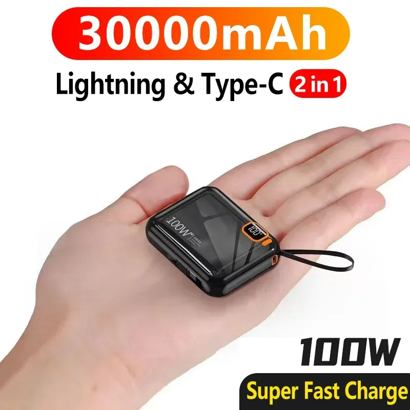 30000mah Portable Power Bank PD100W USB Detachable To TYPE C Cable Two-way Fast Charger Mini Powerbank For IPhone Xiaomi Samsung leather detachable high level bracelets jewelry organizer box necklace ring portable travel storage box suitcase available