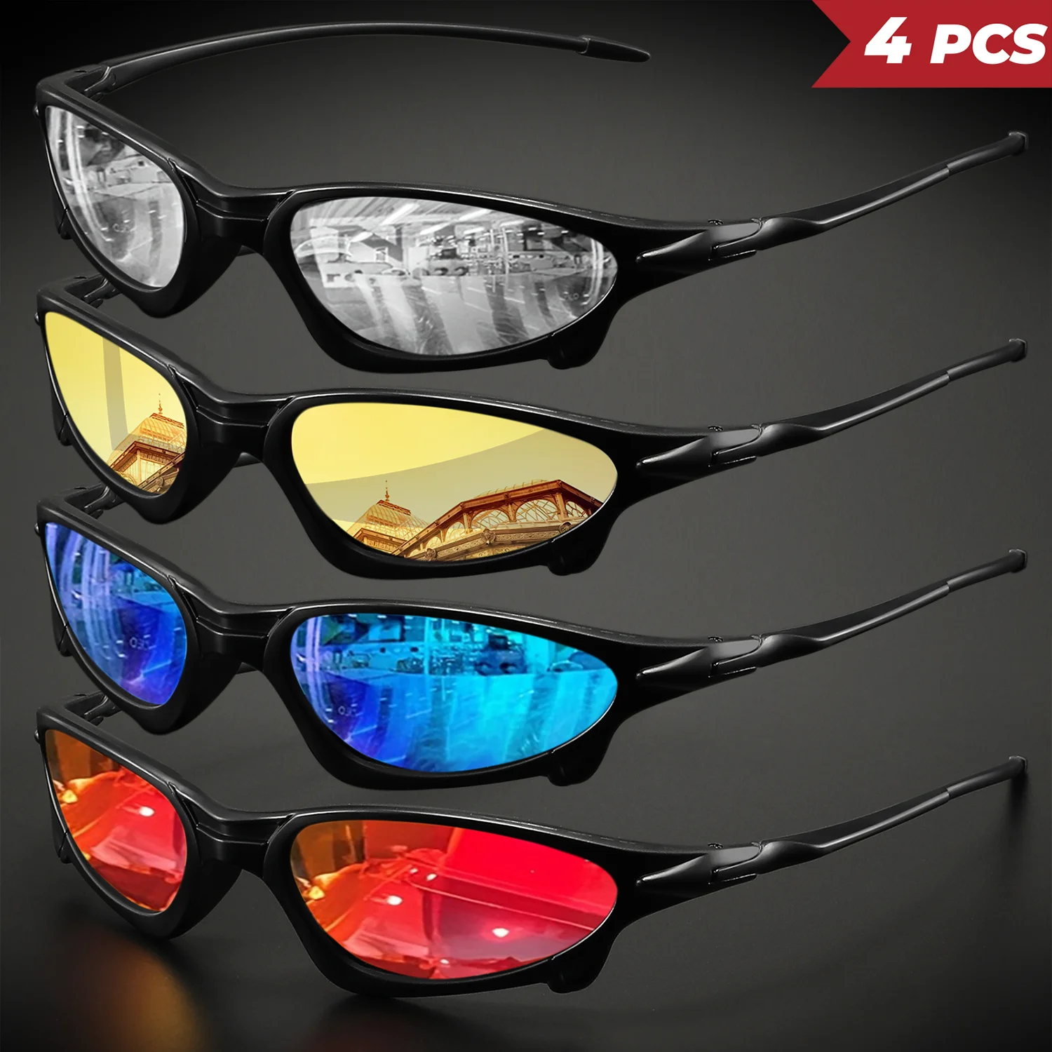 4-teilige futuristische Sport-Sonnenbrille mit kleinem Rahmen – umlaufende Passform, UV400 für Radfahren, Angeln und Reisen – Detail 11