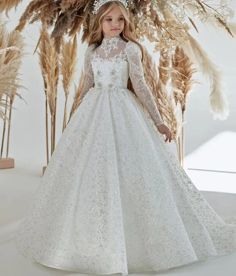 

Luxury Girl Pageant Dress Flower Girls Dresses for Wedding White Ball Gown Kids Glitter Party Birthday Gowns First Communion