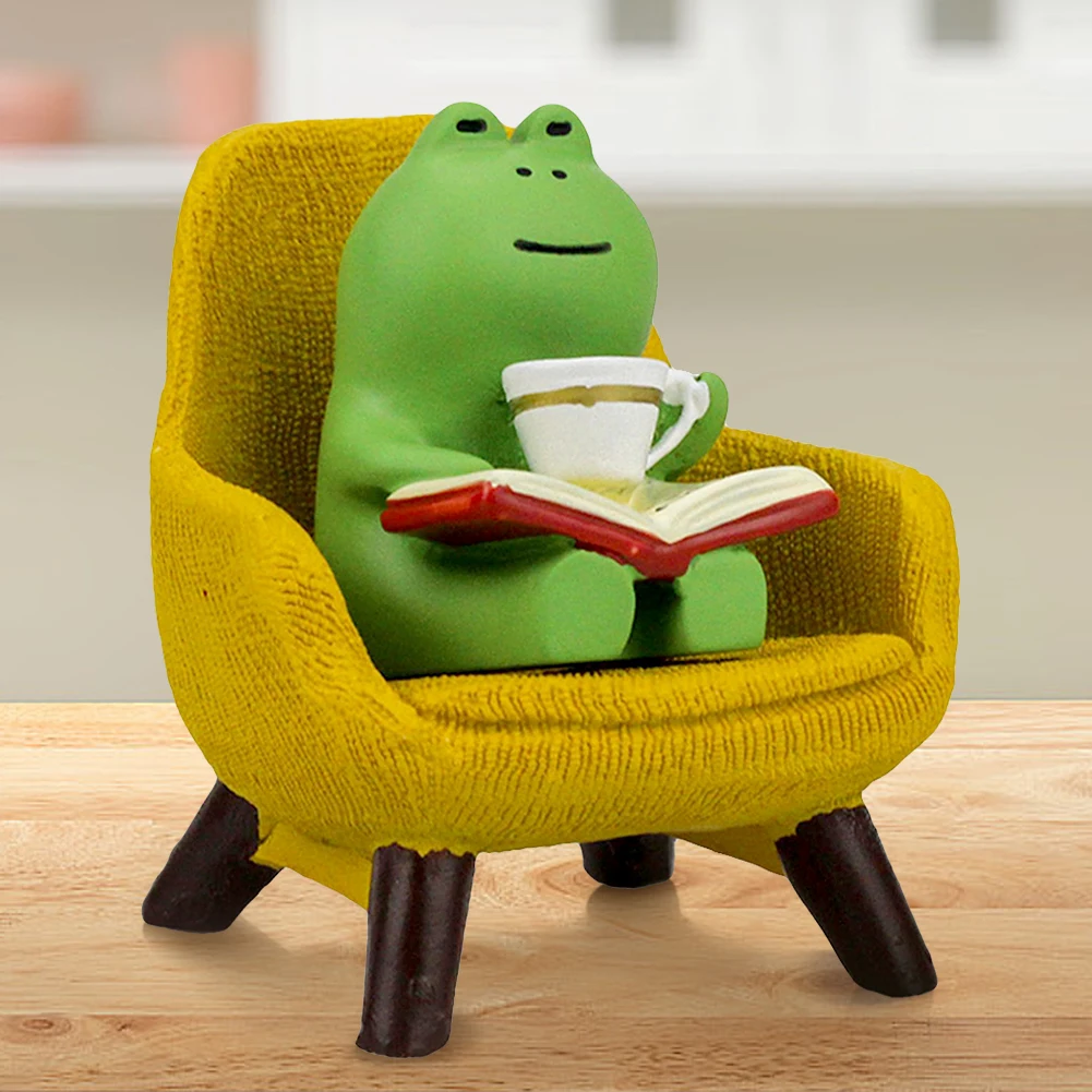 Drinking Coffee Frog Micro Landscape Resin Funny Frog Reading Sculpture Miniature Frog Read Book Figurines Gift for Frog Lovers