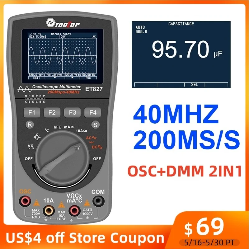 Tooltop Et827 Digital 40mhz 200msps/s Oscilloscope Multimeter