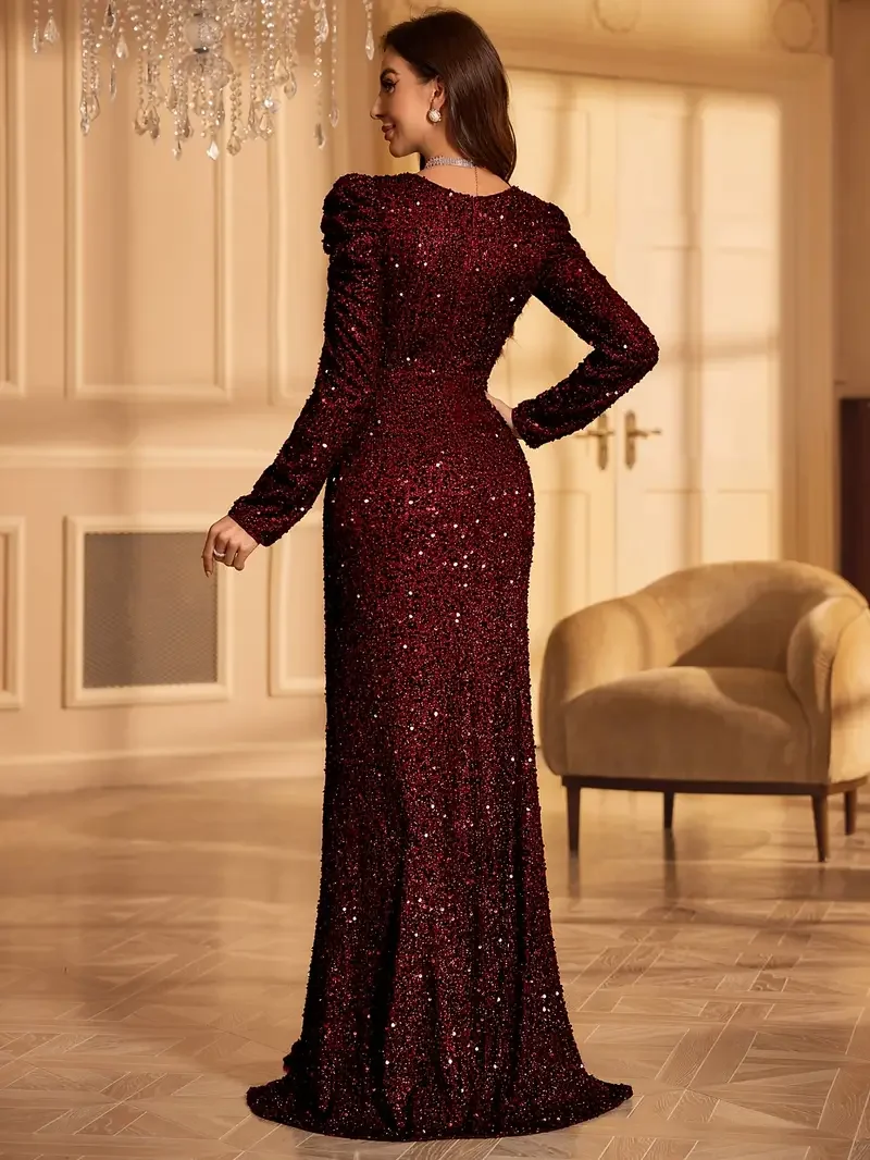 فستان سهرة نسائي أنيق بأكمام طويلة ورقبة على شكل ح...