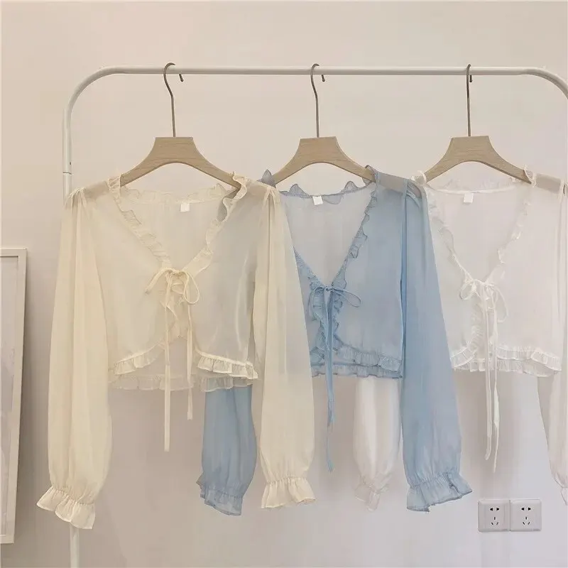 여성용 울트라 페어리 가디건, 얇은 자외선 차단 셔츠, 프렌치 스타일 용수철, 가을 소매, 우드 이어 엣지 숄더 재킷, 여름