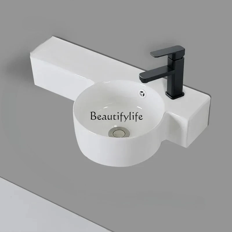 อ่างล้างหน้าเซรามิกติดผนังสำหรับห้องน้ำ อุปกรณ์ห้องน้ำแบบเรียบง่าย เหมาะสำหรับอพาร์ทเมนต์ ดีไซน์แคบ ติดผนัง 1