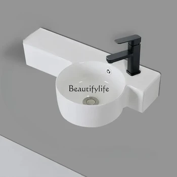 อ่างล้างหน้าเซรามิกติดผนังสำหรับห้องน้ำ อุปกรณ์ห้องน้ำแบบเรียบง่าย เหมาะสำหรับอพาร์ทเมนต์ ดีไซน์แคบ ติดผนัง 1
