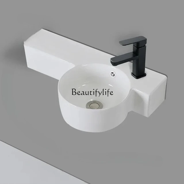 อ่างล้างหน้าเซรามิกติดผนังสำหรับห้องน้ำ อุปกรณ์ห้องน้ำแบบเรียบง่าย เหมาะสำหรับอพาร์ทเมนต์ ดีไซน์แคบ ติดผนัง 1