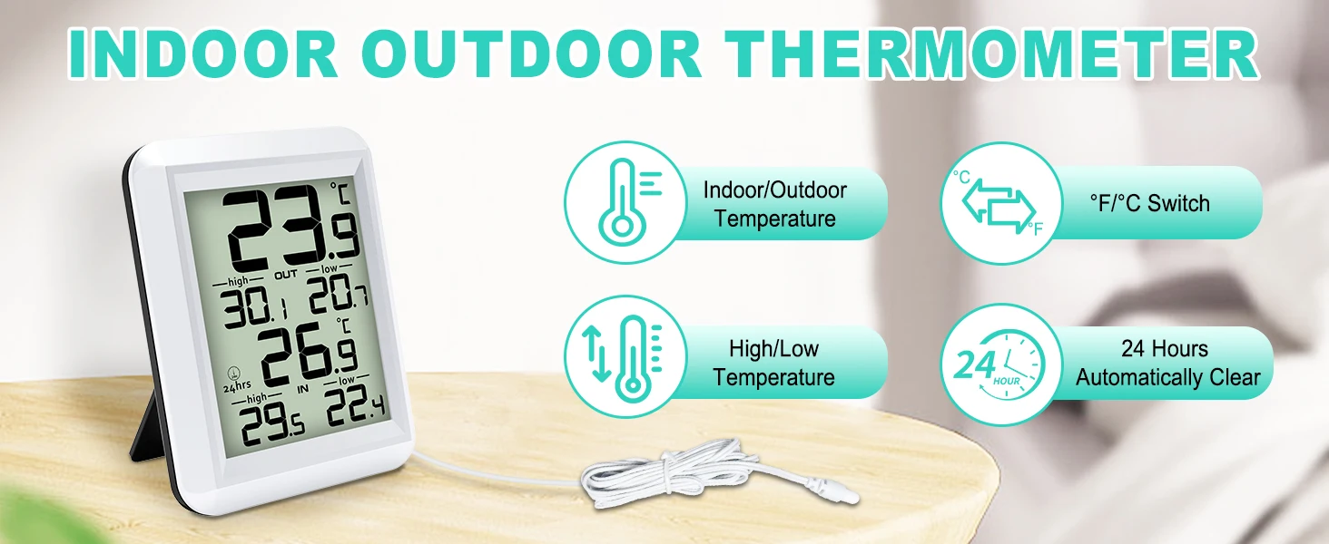 Digital In/Outdoor Thermometer Wired Monitor with Min/Max Record and Probe Senso