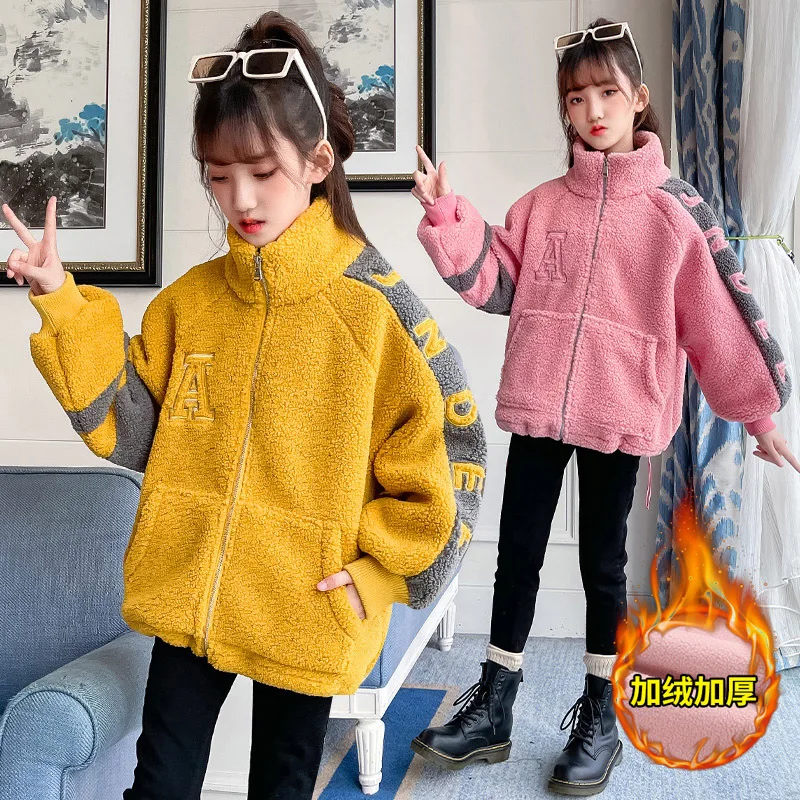 

2022 New Fashion Coat for Girls Autumn Winter Thicken Warm Lamb Wool Jacket Long Sleeve Letter Print Teens Kids Outwear 4-14 Yrs