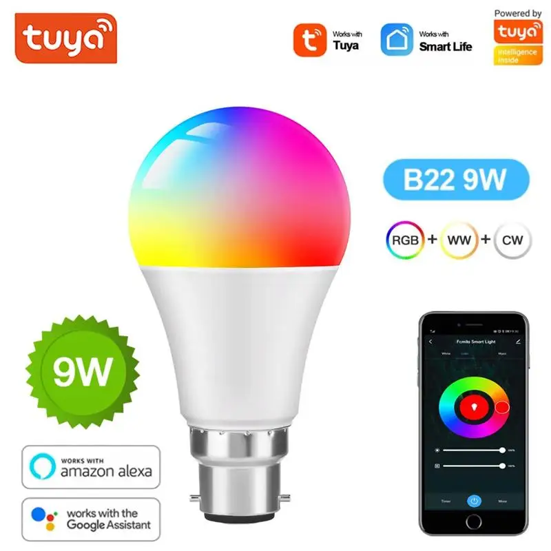 투야 와이파이 스마트 전구, 블루투스 호환, 구글 홈, 얀덱스 앨리스, 음성 제어, 9W, B22 LED, RGBCW