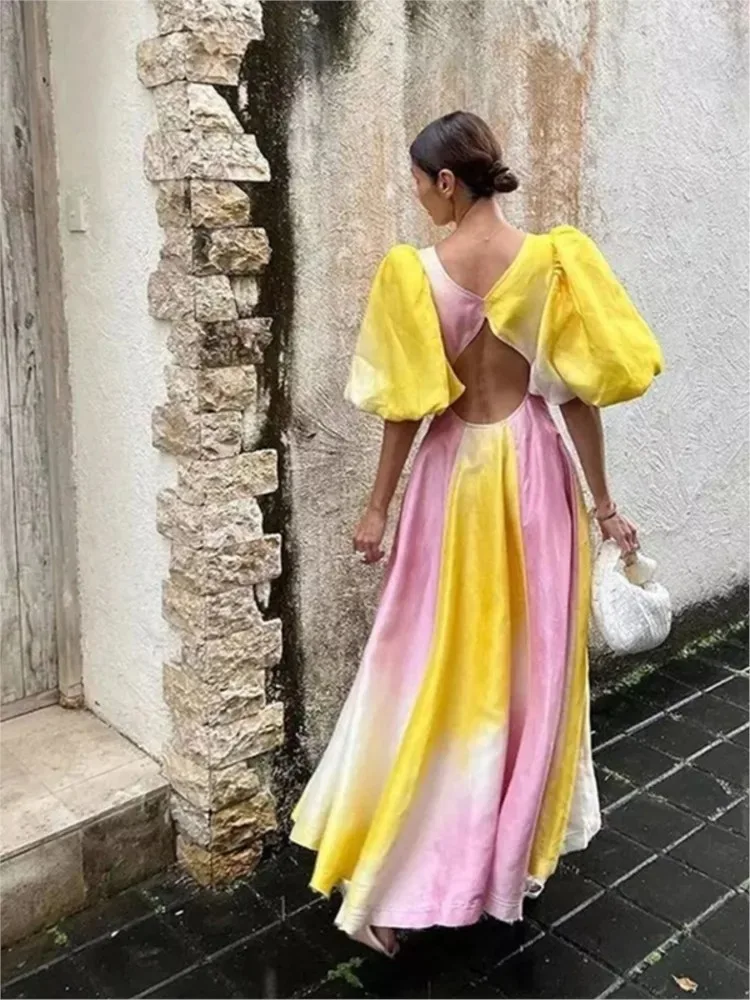 Rainbow Puff Sleeve Holiday Dress Women Fashion V-neck Short Sleeve Button High Waist Dresses Summer Lady Colorful A-line Robe