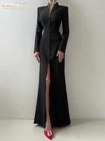 Clacive Sexy Slim White Women's Dress 2025 Fashion V-Neck Long Sleeve Ankle Length Dresses Elegant Classic Slit Female Dress - Image 3