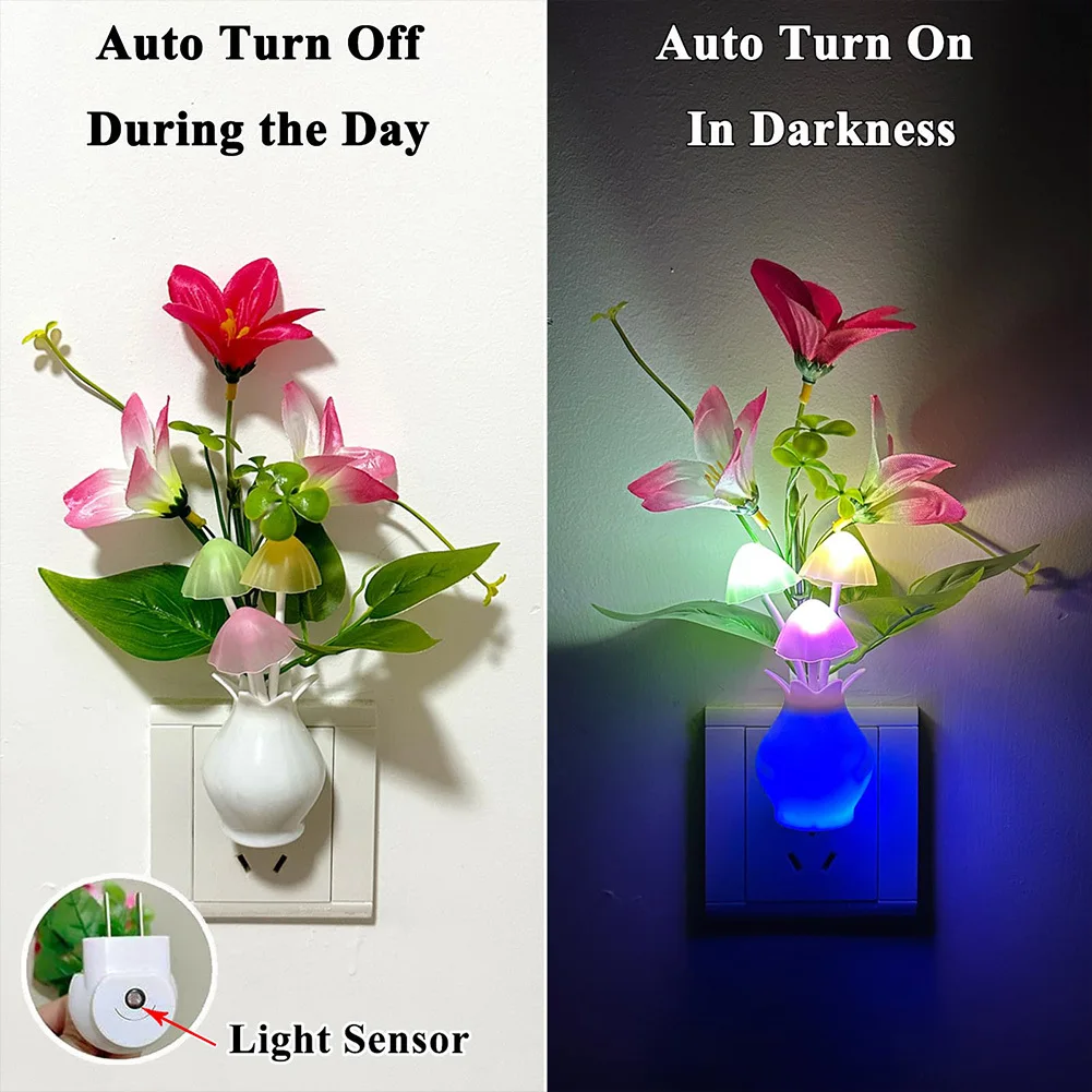 Plug-in Night Light With Built-in Light Sensor, RGB LED Mushroom Night Flower For Bedroom Nursery Kids Room