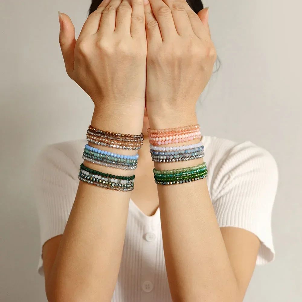 Faceted Glass Beads Stretch Bracelet 4 Pieces Set for Women Men Crystal Beads Elastic Rope Bracelet Handmade Jewelry