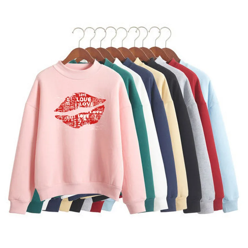 

Fashion Red Lips Print Women Sweatshirt Sweet Korean O-neck Knitted Pullover Thick Autumn Winter Candy Color Loose Lady Clothing