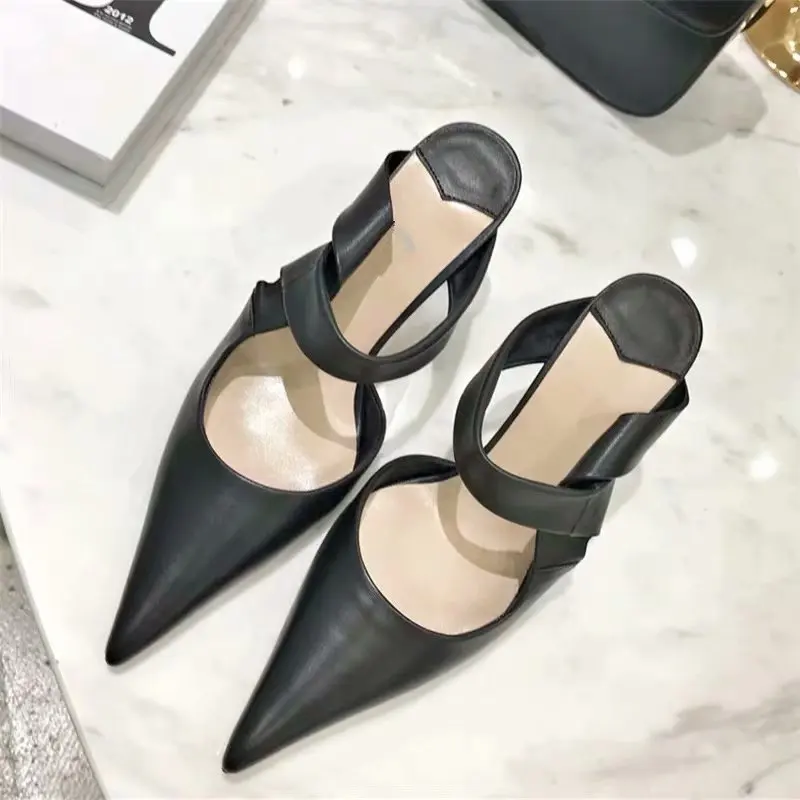 

Summer Pointed Toe Women Sandals Black PU Stiletto Slingback Slippers High Heel Outdoor Female Pumps Casual Ladies Shoes