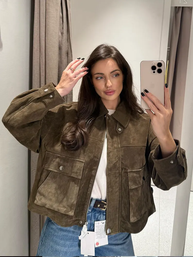 HH Women Vintage Solid Lapel Coats Long Sleeve Zipper Jacket With Pockets 2025 Autumn Fashion Lady High Street Lady Outwear