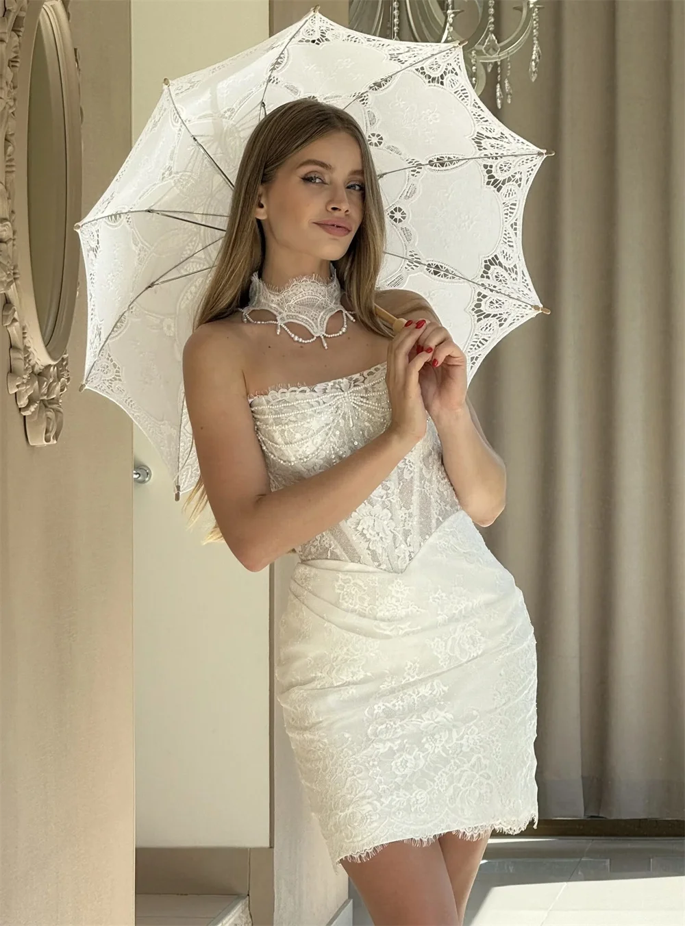 Kyoto Customized Off-white Fairy Lace Mini Wedding Dress Detachable Bell Sleeves vestidos de noche Pearl Chain After Party Gown