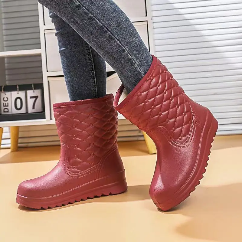 2023 Women's Winter High Top Cover Foot  Plush Warm Rain Shoes Thick Sole Non Slip Waterproof Cotton Boots Water Shoes Work Shoe