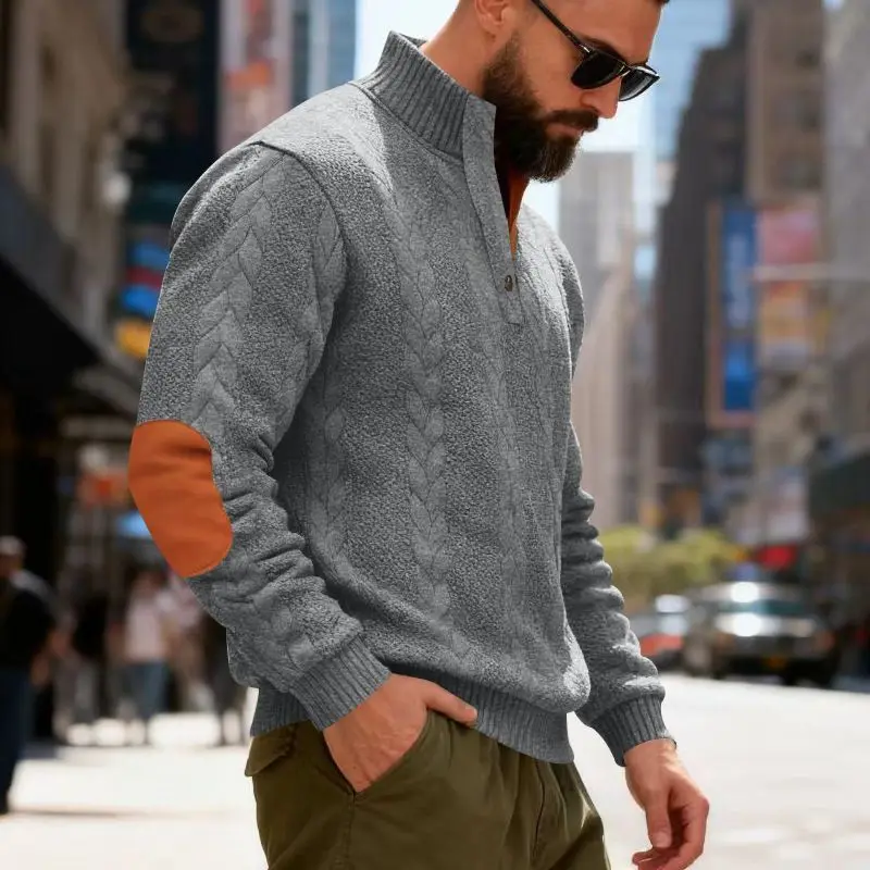 Men's Waffle Knit Quarter Zip Pullover with Contrast Trim and Elbow Patches Casual Long Sleeve Sweater