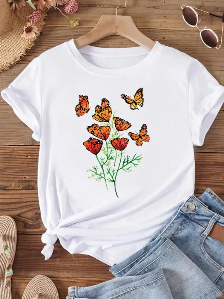 

Cartoon Style Floral Style Fashion Summer Print Short Sleeve Clothing Graphic Top T Shirt Women Clothes T-shirt Tee