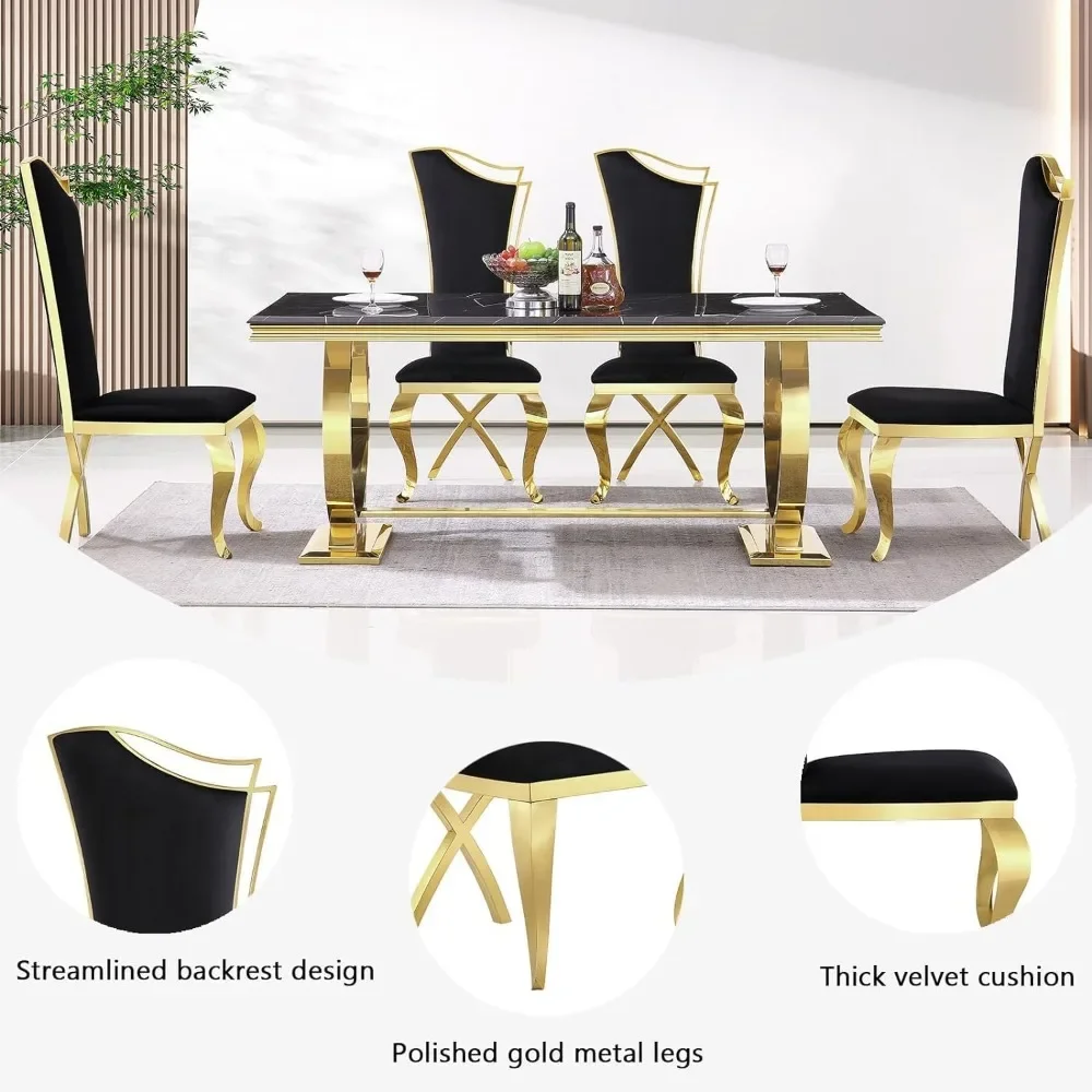 Luxury Dining Table Set, 72 Inch U-Base Modern Dining Room Table with 6 Black Velvet Upholstered Dining Room Chairs, Dinning Set 6