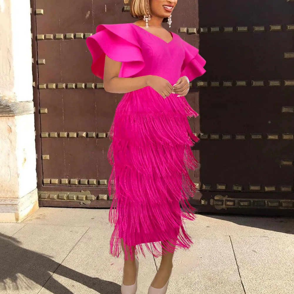 

Женское длинное платье средней длины, элегантное платье с V-образным вырезом, оборками, кисточками и короткими рукавами