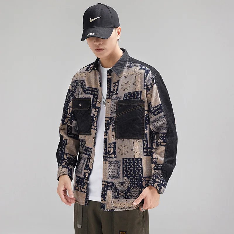 

Long sleeve t shirt men contrast color stitch shirt jacket men's long-sleeved Japanese retro cardigan shirt roupas masculinas