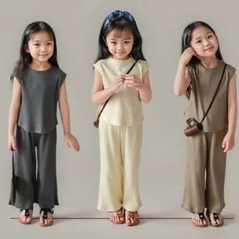 1 pz Set di abbigliamento per bambini estivi Ragazze Bambini Vestiti per bambini T-shirt tinta unita Canotta + Pantaloni lunghi Vestiti per bambina 1