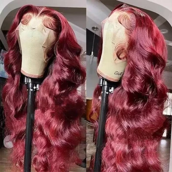 99j burgundy 13x6 Lace Front Human Hair 200 Density Body Wave 13x4 30 36 Inch Red Colored Lace Frontal Wigs Brazilian For Women 1