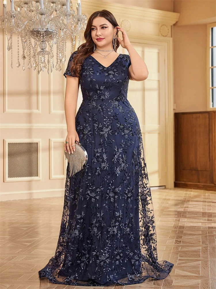 Lucyinlove Plus Size Elegante Bloem V-Hals Avondjurk Vrouwen Korte Mouw Trouwfeest Maxi Blauwe Prom Zeemeermin Cocktailjurk