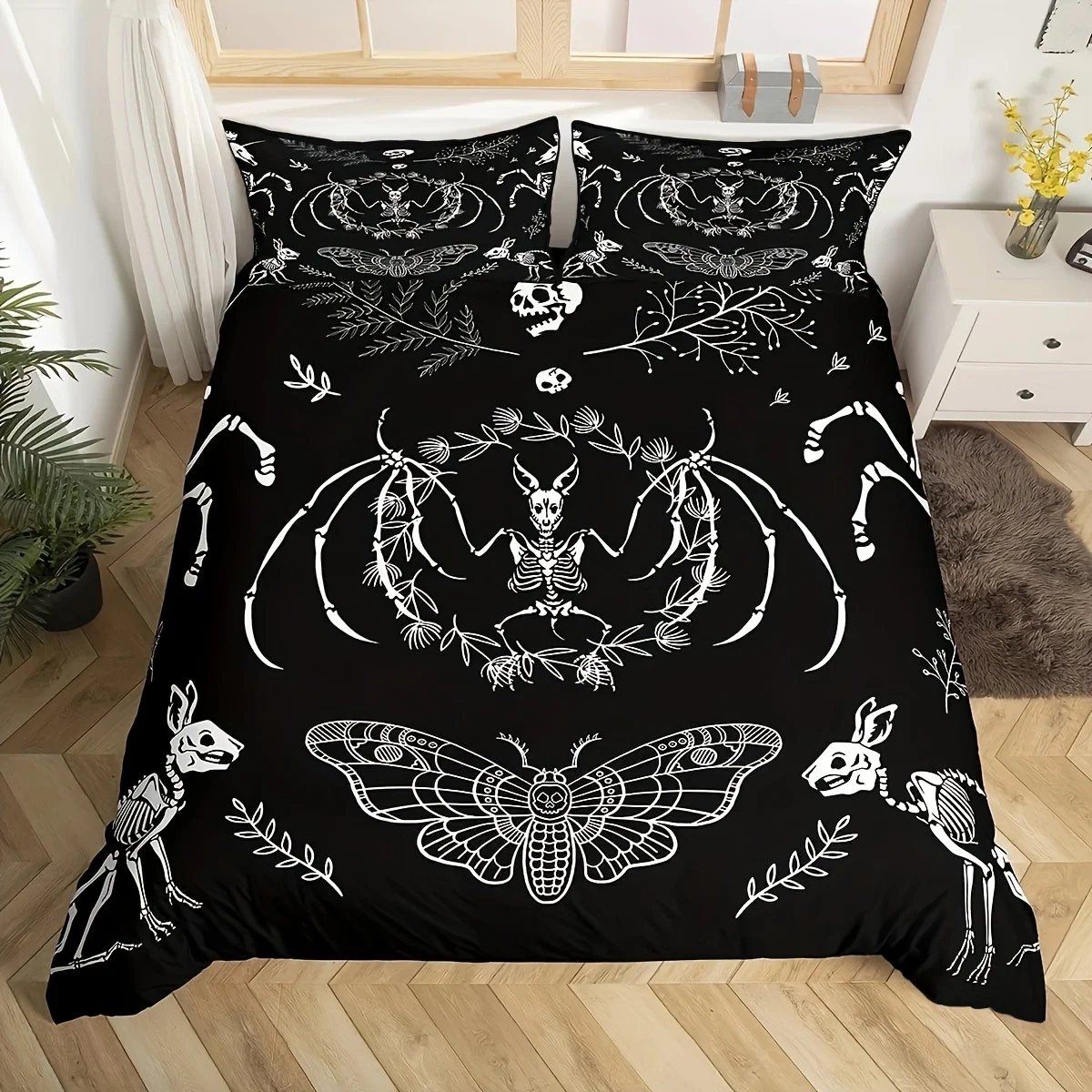 

Moth Animal Theme Duvet Cover Set Gothic Skull Boho Duvet Cover For Bedroom Dorm Room Black And White Skeleton Bedding Set