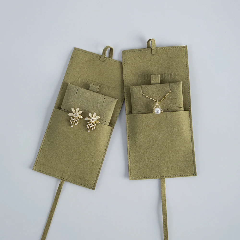 Benutzerdefiniertes Logo 8x8cm Armeegrün Schmuck Mikrofaser Tasche Samt Wildleder Umschlag Beutel Einsatz 6x6cm Pads Karten für Ring Ohrringe Ohrstecker – Detail 4