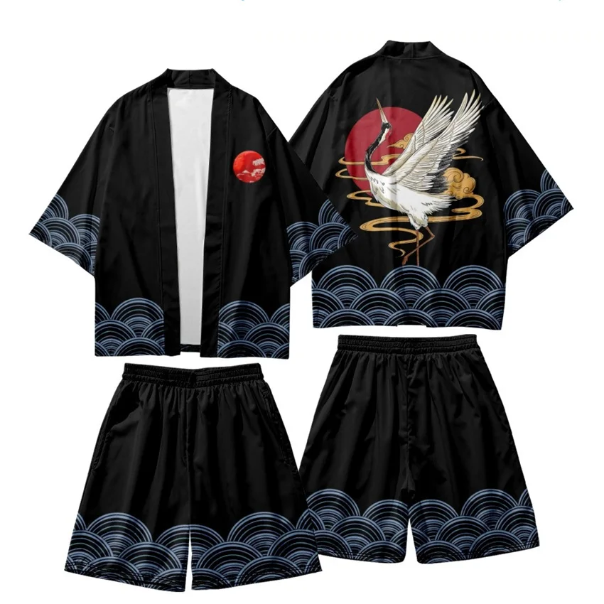 Kanagawa Wave Dragon Print Kimono Shorts Sets Two-piece Suit Yukata Japanese Cardigan Women Men Harajuku Cosplay Loose Haori