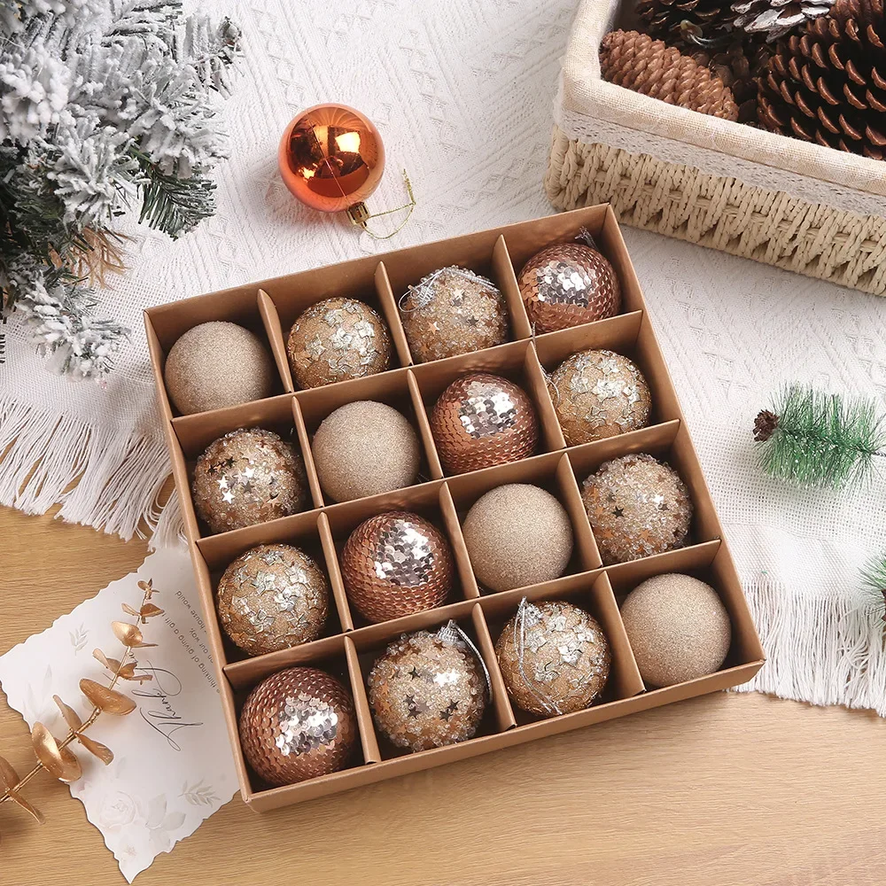thumbnail image 1 of 16 piezas/caja de 6 cm, adornos de bolas de Navidad, color champán, dorado, rojo, con purpurina, bolas de espuma, manualidades para colgar en el árbol de Navidad, regalo de Navidad, 1 of 5