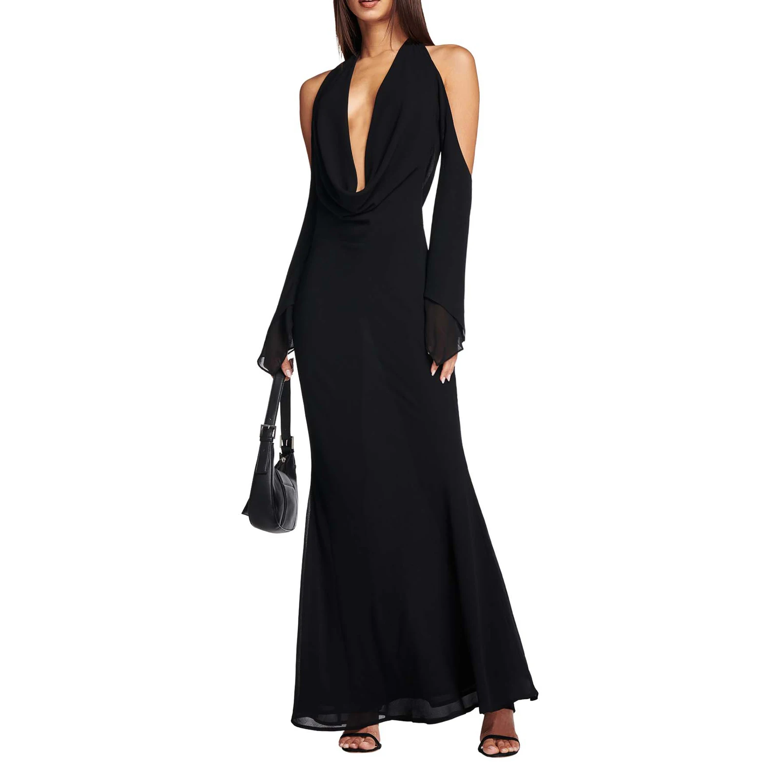 

Длинное платье с открытой спиной и лямкой на шее, женское соблазнительное однотонное платье с длинным рукавом, ажурное украшение, платье с высокой талией, летнее женское платье для вечеринки, клуба