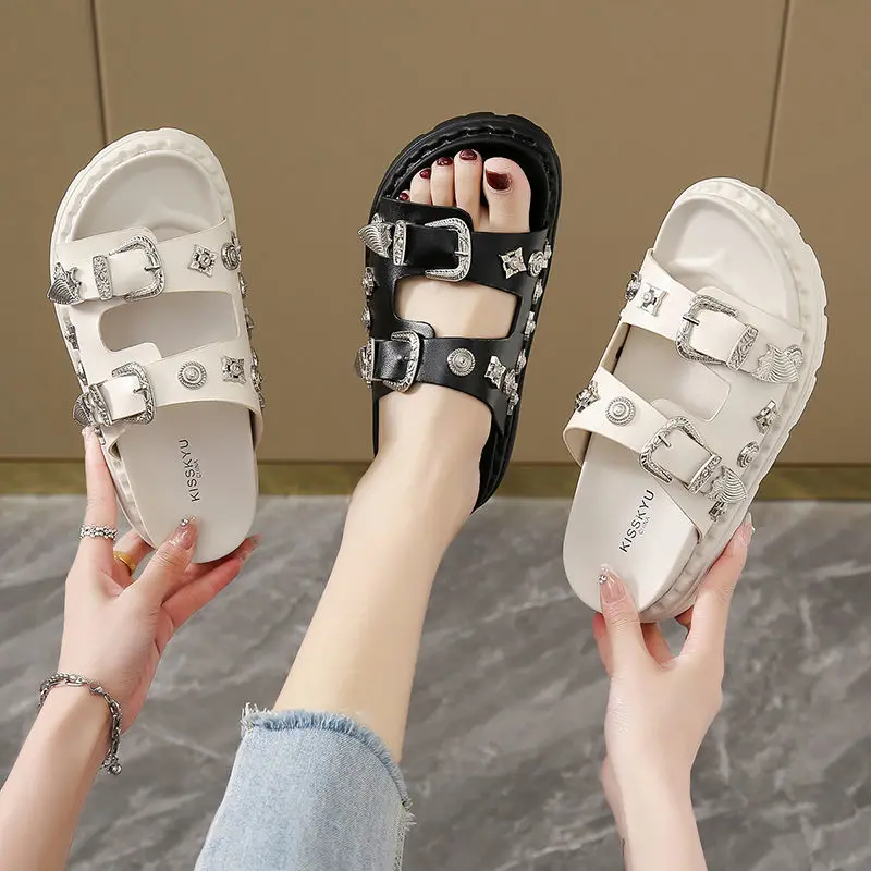2023 Summer New Metal Buckle Medal Flat Women's Outer Wear Ins Fashion Genuine Leather Slippers
