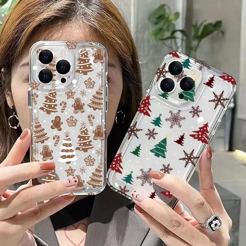 Merry Christmas Cartoon Pattern Phone Case For iPhone 16 15 14 13 12 11 Pro Max Mini X XS SE 7 Plus 16E Transparent Cover Fundas