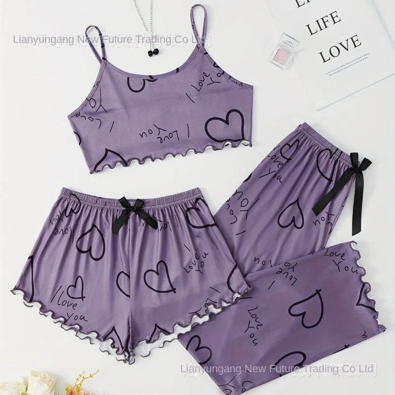 طقم بيجامات بروتيل وبنطال نسائي مطبوع ، ملابس منزلية للطلاب ، توبات وسروال قصير ، ملابس فتيات ، صفقة ، 3 في كل طقم