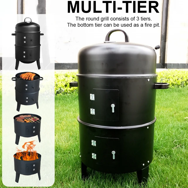 Vertical Charcoal Smoker with Built-in Thermometer Round BBQ Grill 2 Access Doors for Parties Camping Outdoor Cooking 3